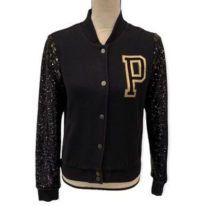 Victorias secret PINK bling Bomber jacket black gold small snap button